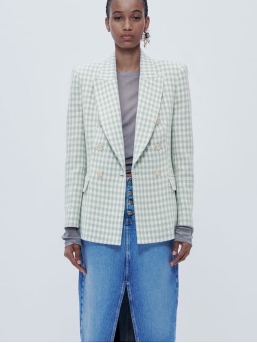 Zara Houndstooth Plaid Double Breasted Blazer Sea Green Tailored Blazer Medium - Picture 2 of 11